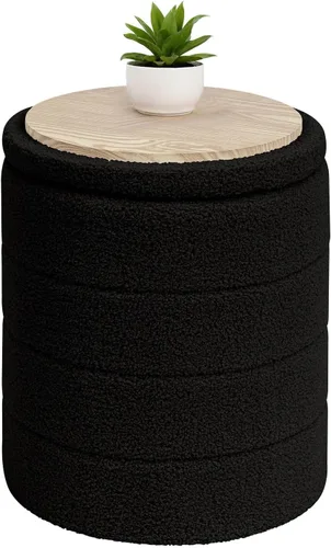 Vista 15 de B FSOBEIIALEO Otomana con Almacenamiento, Taburete Otomano de Almacenamiento Redondo Sherpa, Reposapiés Boucle 14.6"x14.6"x17.7" (Beige)