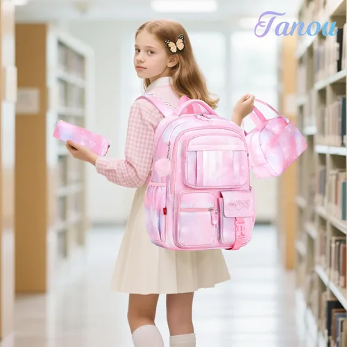 Vista 2 de Tanou Mochila con lonchera para niñas, Rosado, Juego de mochila escolar para niña