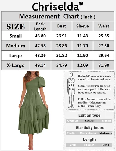 Vista 4 de Chriselda Vestido casual de manga corta con un hombro fruncido para mujer, cintura alta, con volantes, vestido midi para fiesta