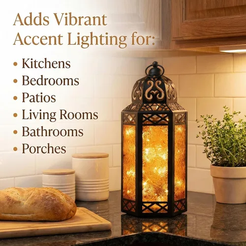 Vista 5 de VELA LANTERNS Juego de 2 portavelas decorativos de LED con luces de hadas de 12" de metal marroquí para colgar o mesa, decoración del hogar