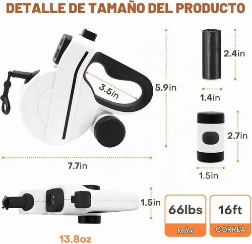 Vista 8 de Correa retráctil para perro con luz LED y cinta reflectante para paseo nocturno, correa de perro de 16 pies con dispensador de bolsas