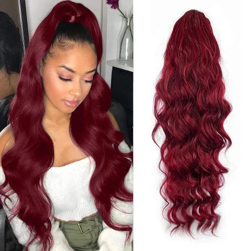Vista 9 de KETHBE Extensión de pelo para cola de caballo de 24 pulgadas con onda corporal, sintética, resistente al calor, con cordón envolvente, rizada y 1b#