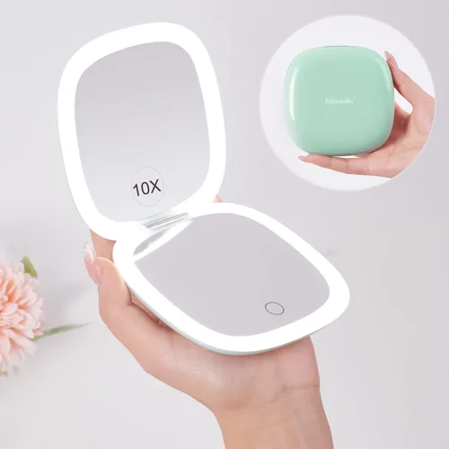 Vista 19 de Mocado Espejo de maquillaje compacto LED con aumento para viajes - 4 pulgadas 1X/10X de aumento, pequeño de bolsillo, doble cara, regulable, USB