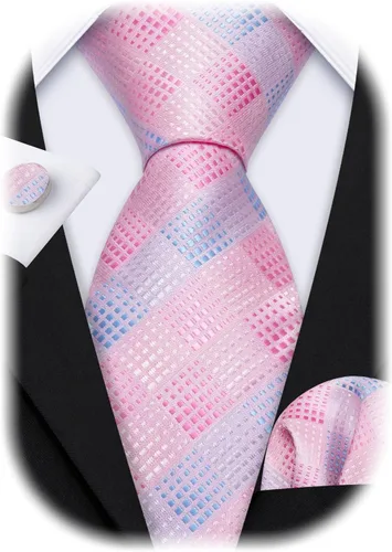 Vista 36 de Barry.Wang Juego de corbatas a cuadros para hombre con pañuelo gemelos de rayas clásicas
