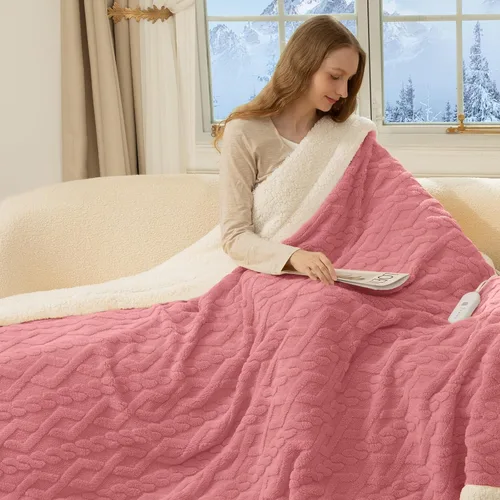 Vista 25 de Manta eléctrica tamaño individual 62"X84" amarilla - Manta cálida y gruesa de sherpa con calefacción para invierno con 5 niveles de calentamiento