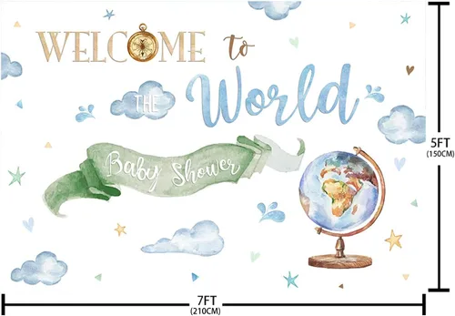 Vista 5 de Fondo de bienvenida al mundo de 7 x 5 pies, tema de aventura mundial, decoración de baby shower, fotografía en acuarela, fondo para sesión de fotos