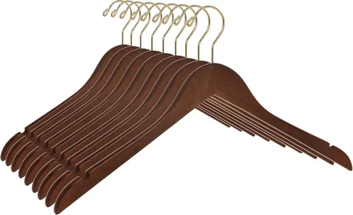 Vista 14 de Perchas de madera semicurvada negra de calidad, paquete de 10 perchas de madera maciza con acabado liso con gancho giratorio, chaqueta, pantalón