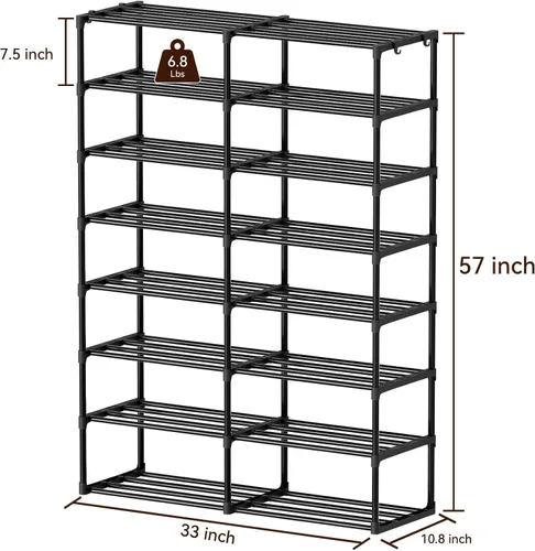 Vista 2 de SUFAUY Organizador grande para zapatos, 2 filas y 8 niveles, 32-40 pares con ganchos, metal resistente, apilable y ajustable, color negro