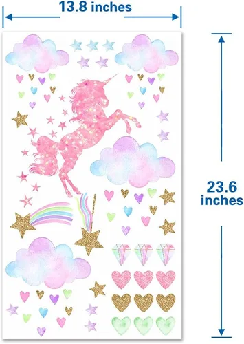 Vista 6 de Calcomanías de pared de unicornio para guardería, unicornio rosa con estrellas y nubes de arco iris, calcomanía de pared para dormitorio de bebé