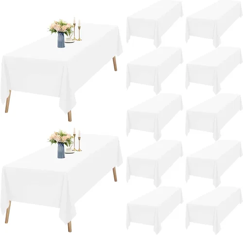 Vista 22 de Paquete de 12 manteles rectangulares beige para mesas de 6 pies de 60 x 102 pulgadas, manteles impermeables beige a granel para bodas, poliéster