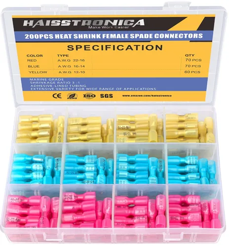 Vista 12 de haisstronica 100 conectores de pala termorretráctiles, AWG 22-10, conectores de cable de desconexión rápida, terminales de pala hembra y macho