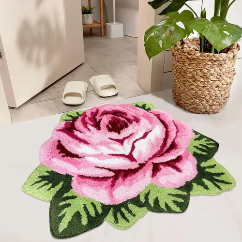 Vista 10 de USTIDE Bonita alfombra de baño de rosas para baño, alfombra de baño naranja de lujo, antideslizante, con forma de flor, alfombra de ducha de felpa