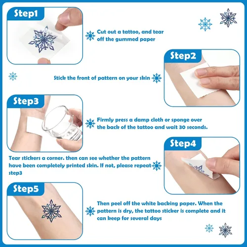 Vista 3 de 240 tatuajes temporales de copo de nieve de invierno para niños, tatuajes temporales de copos de nieve azules y plateados, accesorios de ropa