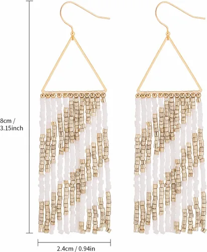 Vista 6 de Aretes bohemios de cuentas de semillas para mujer, hechos a mano, aretes de borla con cuentas para mujer