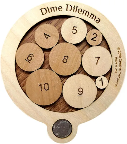 Vista 2 de Creative Crafthouse Rompecabezas de monedas de dilema de diez centavos o el desafío de 10 centavos de madera de aliso y arce hecho en EE. UU