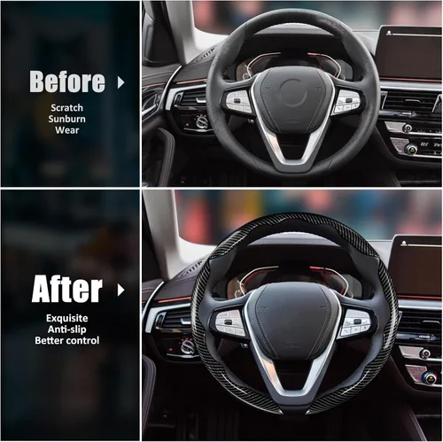 Vista 5 de Fundas de volante de fibra de carbono de 3 piezas con clip para volante (negro)