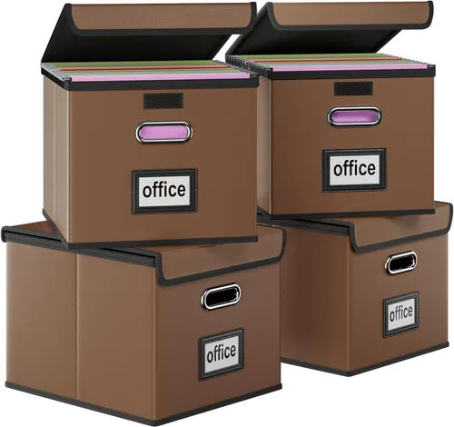 Vista 63 de Caja organizadora de archivos Huolewa con tapa, caja organizadora de carpetas de archivos colgantes de cuero sintético plegable con deslizadores
