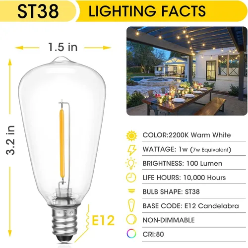 Vista 2 de Bombillas LED de repuesto con base E12/C7 para luces de cuerda ST38 para exteriores - No solar, bombilla LED vintage de 1 W inastillable, blanco