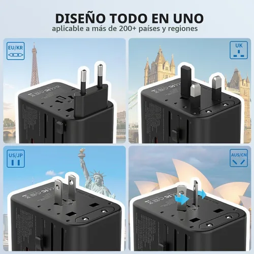 Vista 4 de EPICKA Adaptador de viaje universal, adaptador de enchufe internacional GaN con 3 USB-C de carga rápida PD de 70W y 2 USB-A todo en uno cargador