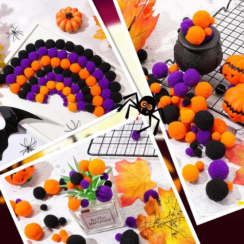 Vista 7 de Tegeme 1200 bolas de pompones para manualidades, decoración de guirnaldas de oficina en casa (negro, naranja, morado)