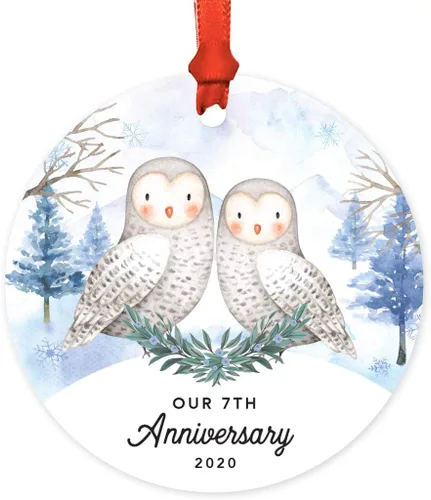 Vista 108 de Andaz Press Adorno redondo de recuerdo de Navidad, nuestro 10 aniversario 2025, búhos de nieve de invierno en acuarela, 1 paquete, incluye cinta