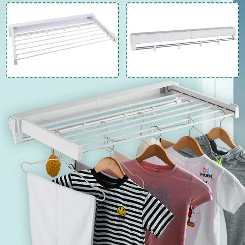 Vista 2 de Tendedero plegable para colgar en la pared, plegable, para interiores, con 7 varillas, para lavandería o baño