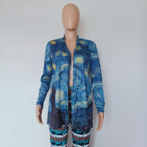 Vista 4 de Camisa de pintura al óleo Van Gogh regalo de noche estrellada para mujer, holgada, casual, de manga larga, ligera y delgada, cárdigan largo
