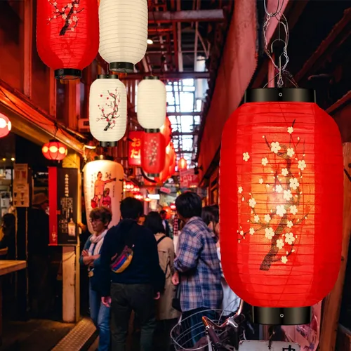 Vista 5 de Riakrum 12 faroles colgantes tradicionales japoneses de flores de ciruelo, faroles de papel blanco y rojo, faroles japoneses para decoración