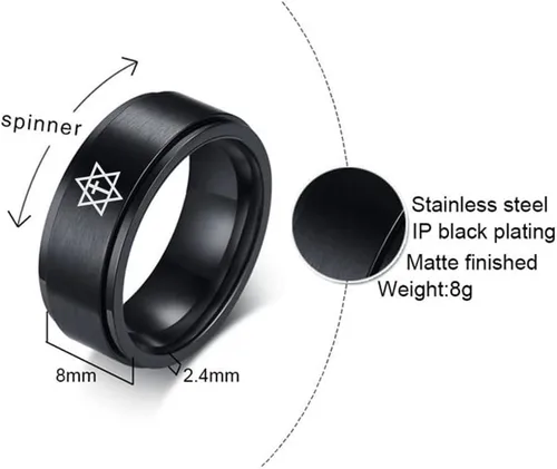 Vista 2 de Anillo giratorio de acero inoxidable con estrella de David Magen David para hombre y mujer, diseño de estrella de David, tamaño 7-12