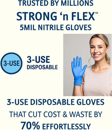 Vista 6 de STRONG 'n FLEX Guantes desechables de nitrilo de 3 mil de 5 mil – Reutilización 3x, ahorra 70%, resistente a desgarros, sin látex, hogar y alimentos