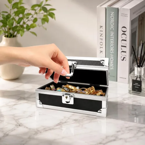 Vista 7 de Caja de efectivo con cerradura, caja de dinero de aluminio, almacenamiento de efectivo bloqueable con bandeja