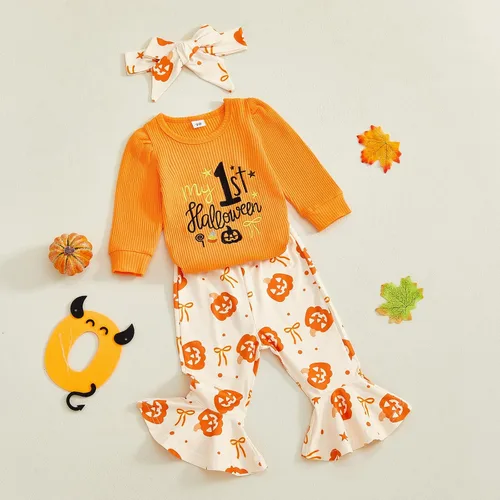 Vista 2 de Conjunto de mameluco de manga larga con volantes para bebé niña con parte superior acampanada y pantalones de mezclilla