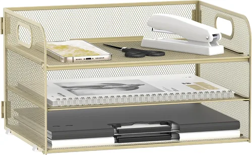 Vista 14 de Daltack Organizador de papel de 3 niveles con asa, organizador de escritorio de malla, bandeja de cartas, organizador de archivos para carpetas A4