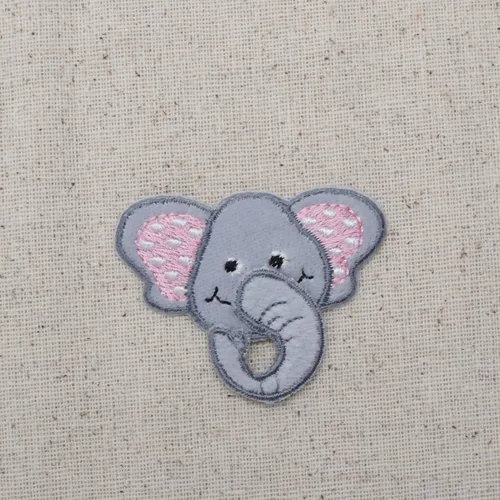 Vista 2 de Elefante gris - Cabeza - Tronco 3-D - Orejas rosas - Parche bordado para planchar