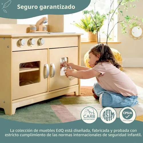 Vista 3 de Guidecraft EdQ - Juego de cocina todo en uno para niños, color natural: cocina dramática de madera para niños pequeños con estufa, microondas