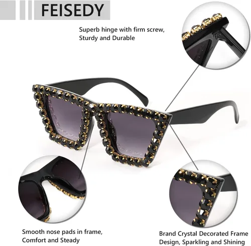 Vista 4 de FEISEDY Gafas de sol de ojo de gato cuadradas de cristal para mujer, gafas de sol brillantes de moda retro Cateye B2898