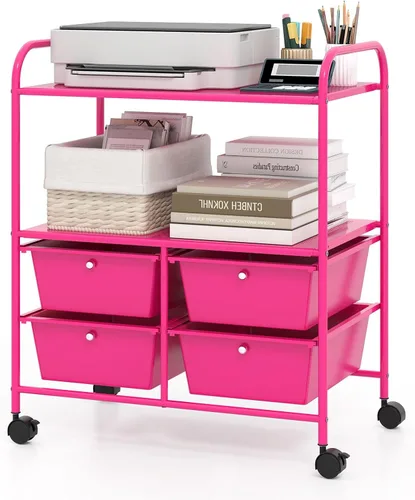 Vista 11 de RELAX4LIFE Carrito de almacenamiento rodante con 4 cajones y 2 estantes, organizador de archivos de papel con marco de metal para oficina en casa
