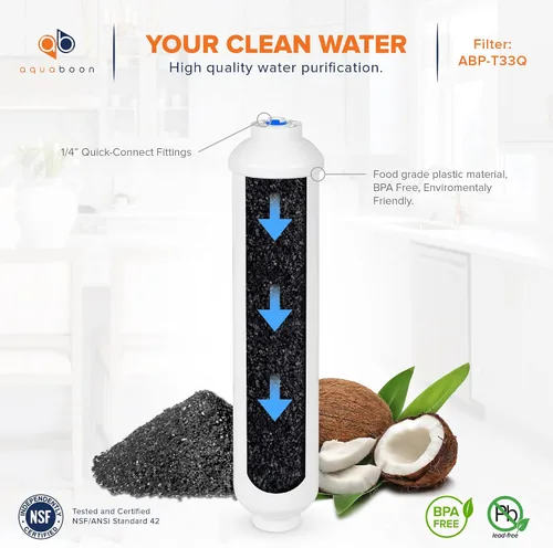 Vista 2 de Aquaboon Filtro de agua de carbón activado T33 - Filtro de agua en línea para refrigerador se adapta a línea de agua de 1/4 - Filtro para máquina