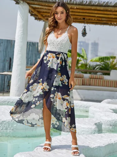 Vista 4 de Blooming Jelly Vestido largo de verano para mujer sin mangas con cuello en V profundo asimétrico floral