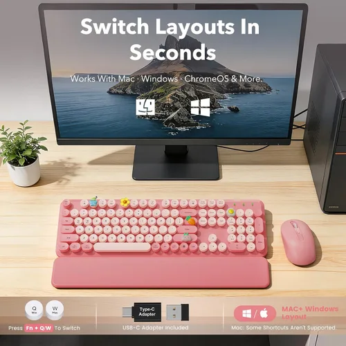 Vista 9 de Combo de teclado y mouse inalámbricos, teclado retro con teclas redondas, teclado estilo máquina de escribir de tamaño completo con reposamuñecas