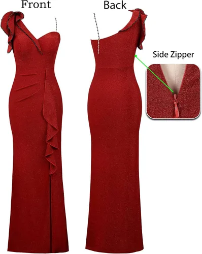 Vista 5 de VFSHOW Vestido largo de fiesta formal con volantes y tirantes para el hombro, para mujer, vestido largo sexy con cuello en V dividido para cóctel