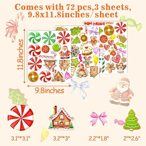 Vista 5 de Adornos de Navidad, calcomanías de pared para despegar y pegar, calcomanías de pared extraíbles de bastón de caramelo, calcomanías de piso de menta