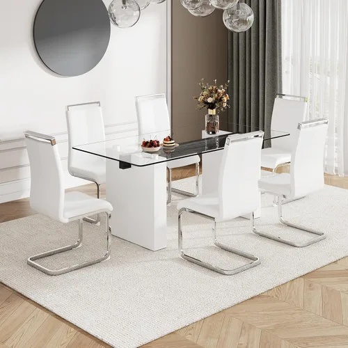 Vista 20 de Juego de mesa de comedor de vidrio de 71 pulgadas para 6, mesa de comedor para 6, mesa de vidrio templado con marco de MDF blanco y 6 sillas