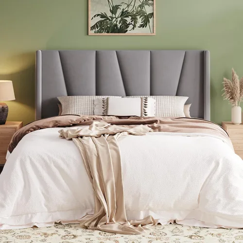 Vista 14 de Allewie Base de cama de plataforma tamaño Queen con cabecera geométrica con respaldo de alas, cama tapizada bohemia con soporte de listones de Beige