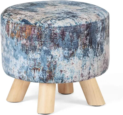 Vista 18 de Homebeez Taburete otomano redondo con reposapiés, reposapiés de tela pequeño con patas de madera antideslizantes, color azul