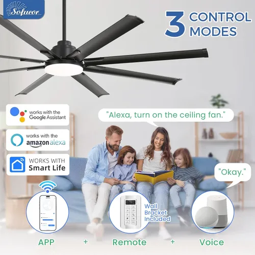 Vista 2 de Sofucor - Ventilador de techo inteligente de 84 pulgadas con luz, ventilador de techo negro para exteriores con 8 aspas de aluminio, funciona