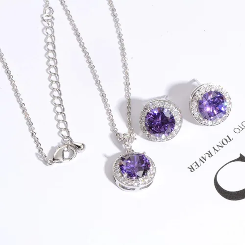 Vista 3 de Juego de joyas de cristal para novia, plata de ley, circonita cúbica redonda, circonita cúbica, diamantes de imitación, halo de piedra natal, collar