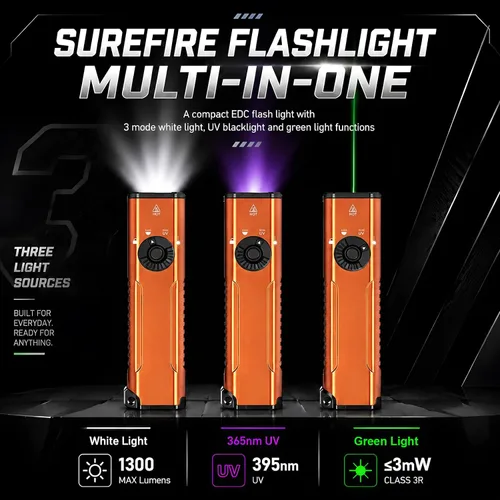 Vista 2 de EDC - Linterna plana recargable, LED blanco UV y luz verde (naranja)