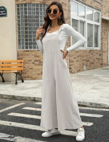 Vista 8 de Yeokou Overol con peto de algodón y lino para mujer, de pierna ancha, holgado, casual, con bolsillos