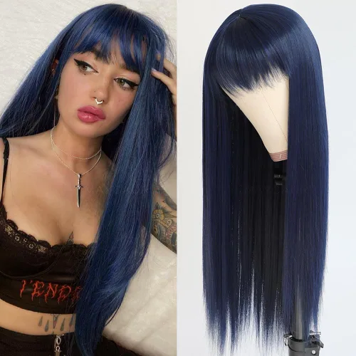 Vista 13 de Maycaur Pelucas de cabello sintético de color rubio con flequillo completo #613, color largo y liso, resistente al calor, pelucas sin encaje